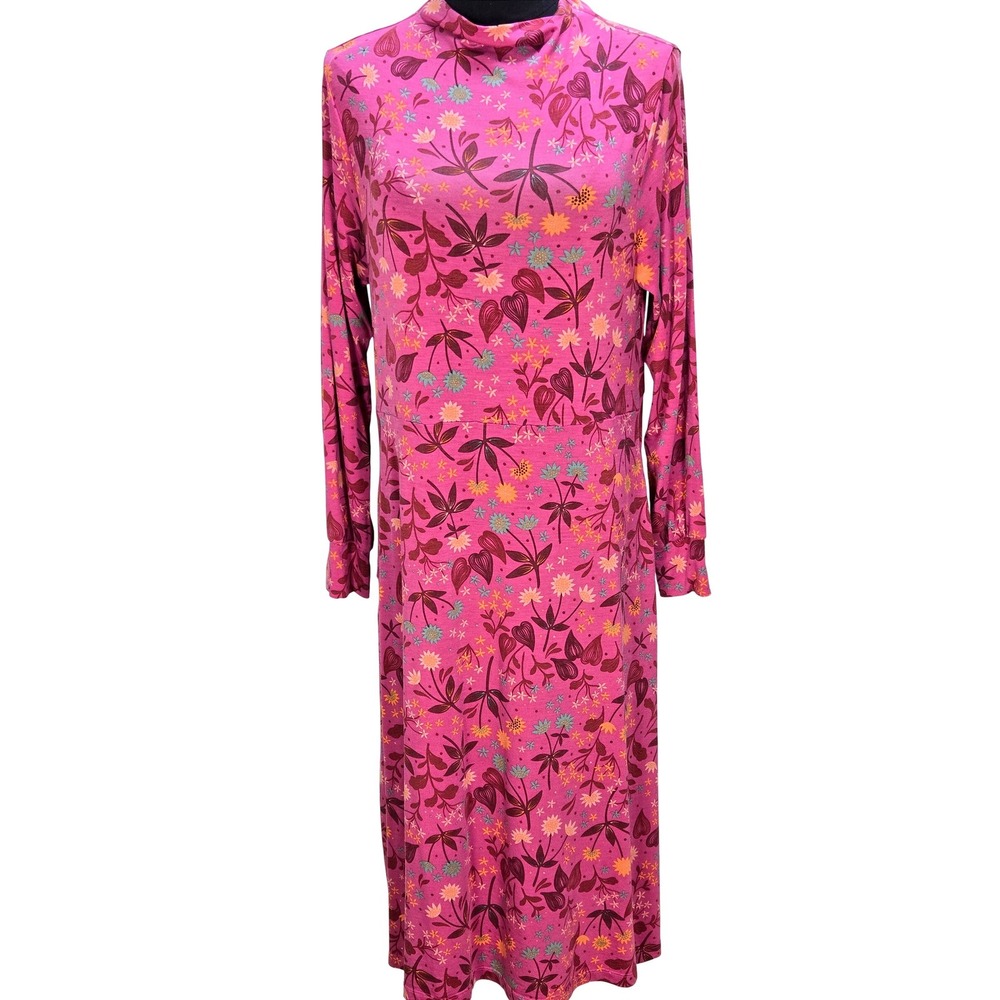 Women's Gudrun Sjödén Small Pink Floral Mock Neck Lyocell Midi Dress Art To Wear